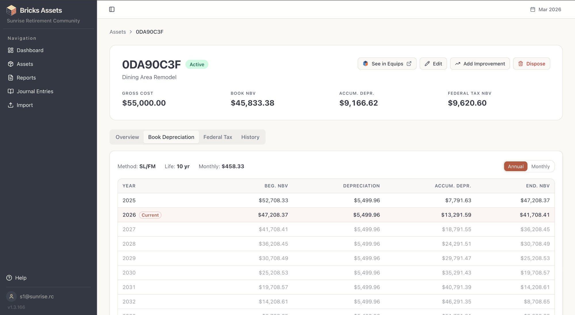 Book depreciation schedule showing year-by-year breakdown of beginning NBV, depreciation, accumulated depreciation, and ending NBV