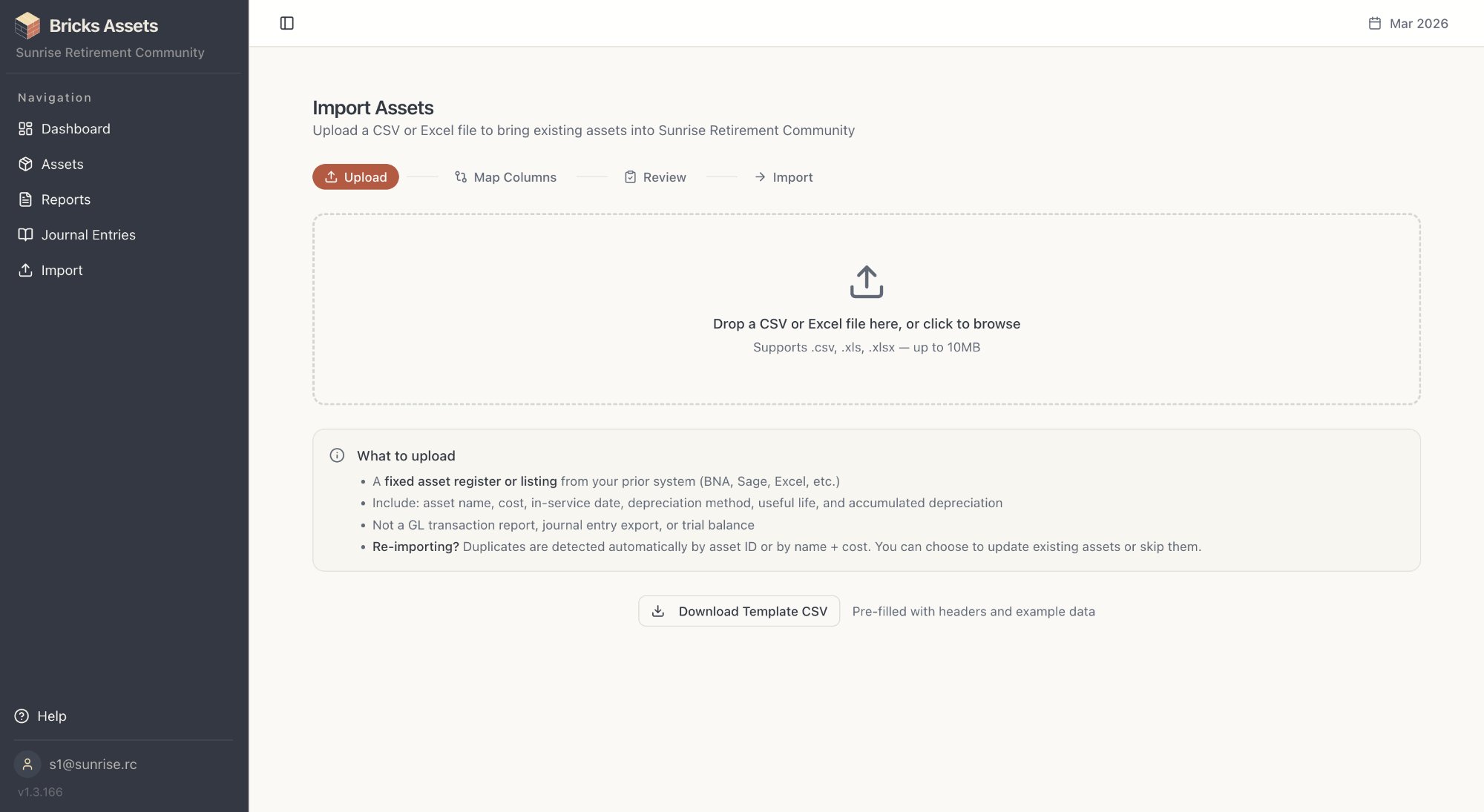 Import assets flow showing upload step with support for CSV and Excel files from any prior system