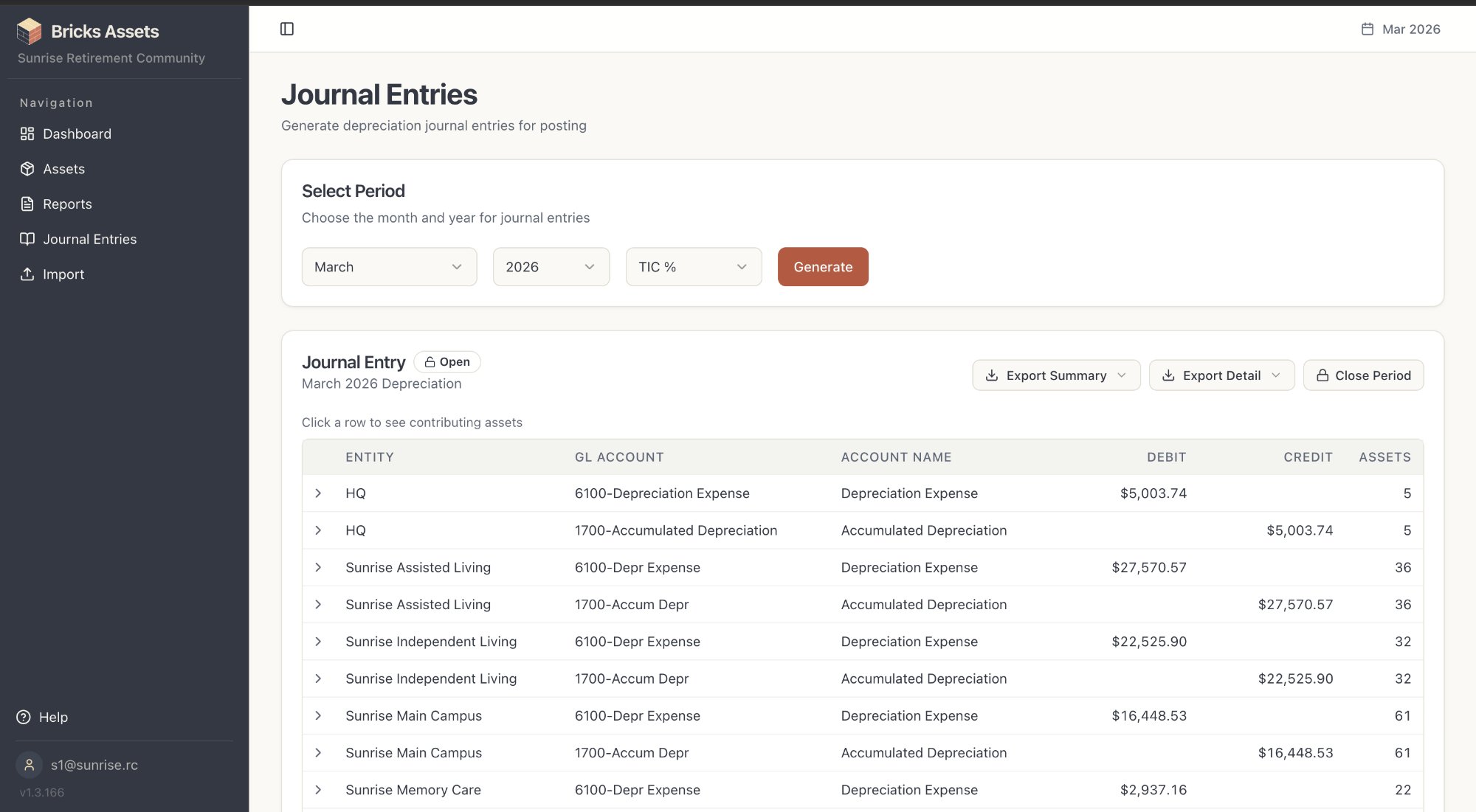 Journal entries showing monthly depreciation across multiple entities with debit and credit amounts by GL account