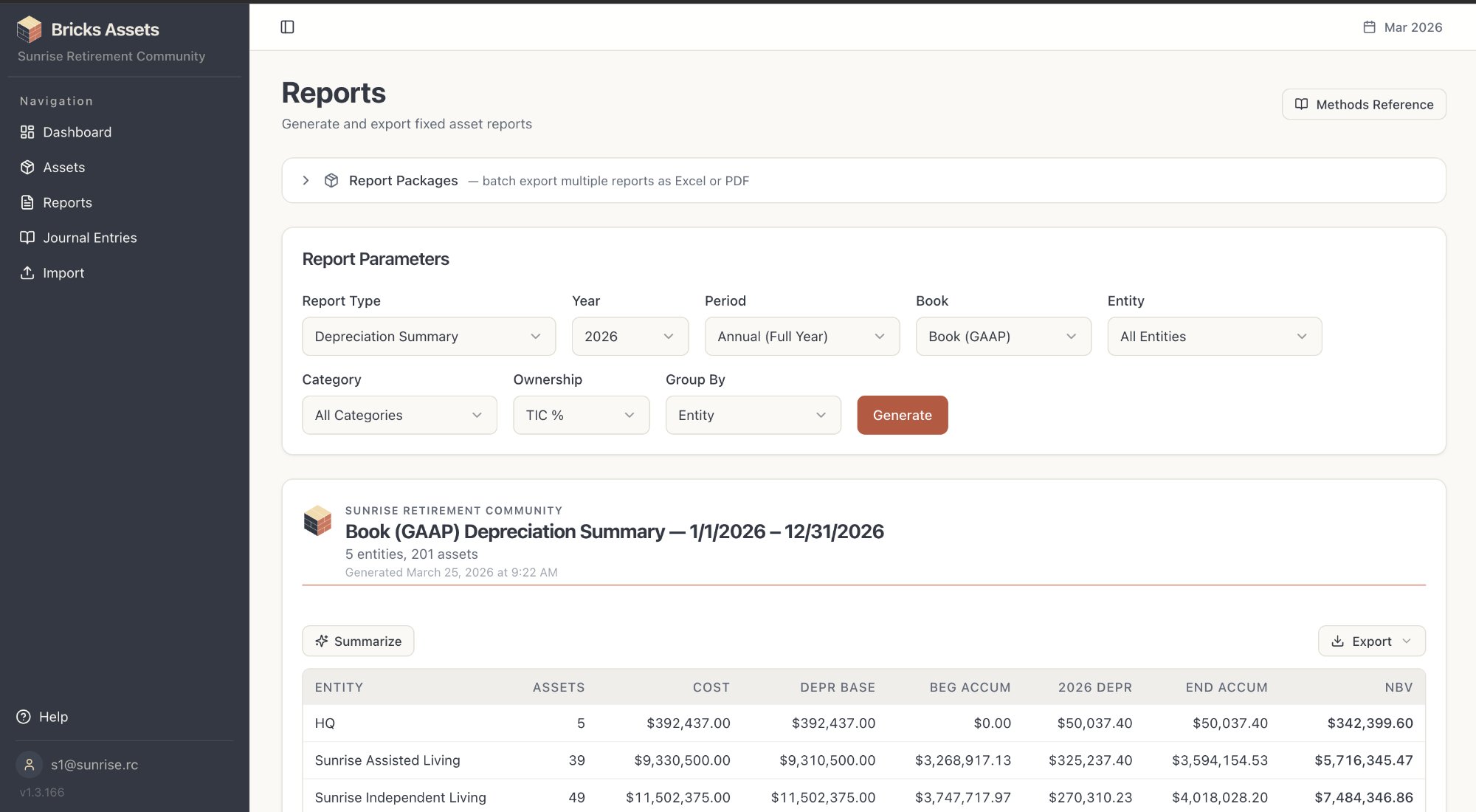 Reports view showing Book GAAP Depreciation Summary across 5 entities with cost, accumulated depreciation, and NBV columns
